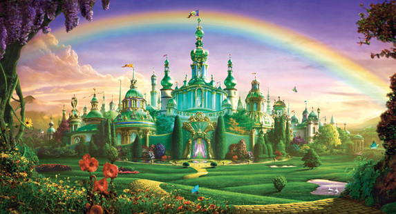 Image shows the Emerald City. in the front there's the garden of poppy flowers and the landscape is surrounded by a rainbow