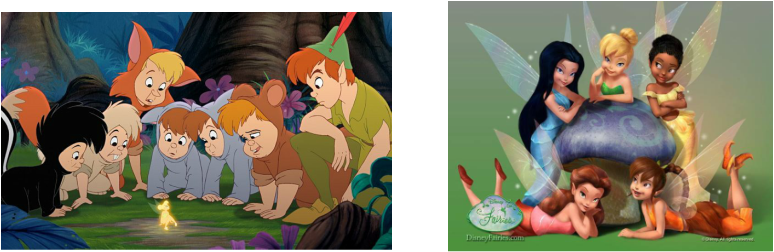 Image shows Peter Pan and the Lost Boys looking at Tinker Bell which is on the grass, looking angry, the second image shows the fairies around a mushroom.