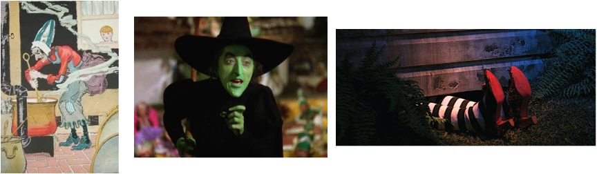 First image shows the Wicked Witch of the North at her coudlron, second image shows the Wicked Witch of the West, with her angry, green and menacing face. Las picture shows the Wicked Witch of the East, her feet and red slippers showing while a house is on top of her.
