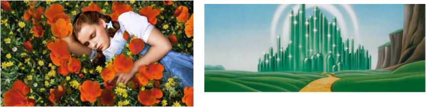 First image shows Dorothy sleeping on the poppy field, and second image shows the yellow brick road leading to Emerald City