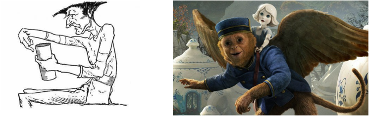 First image shows a Flathead carrying a can, and the second image shows a friendly winged monkey and the China Doll Girl on its back. flying around