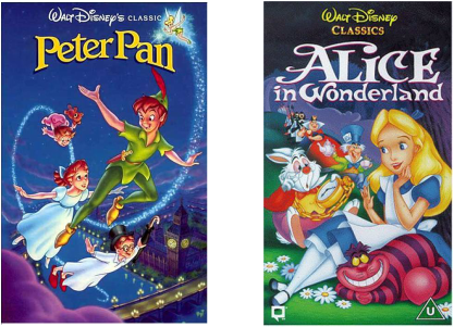 First image shows movie poster of Disney's Peter Pan. Second image shows movie poster of Disney's Alice in Wonderland