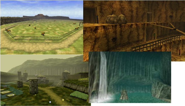 Image shows a collage representing four places: Lon-Lon Ranch, Goron City, Kokiri Forest and Zora´s Domain
