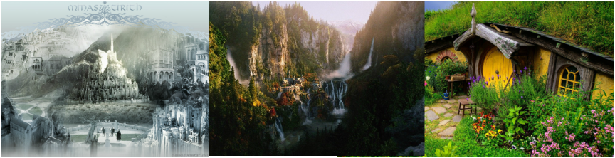 Image shows the White City of Gondor aka Minas Tirith, the second picture is the Rivendell Bridge and a waterfall. and the las image is the Shire (Bilbo´s House)