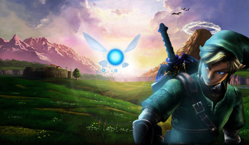 Image shows heroe Link looking back at Hyrule. The green fields are showing, and in the distance we can see Death Mountain and Lon-Lon Ranch. Navi. the Fairy is next to Link