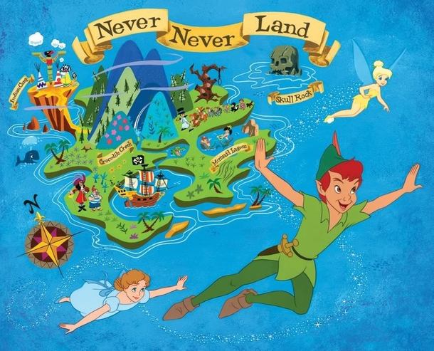 Image shows a map of Neverland with Peter Pan, Wendy and Tinker Bell flying aorund.