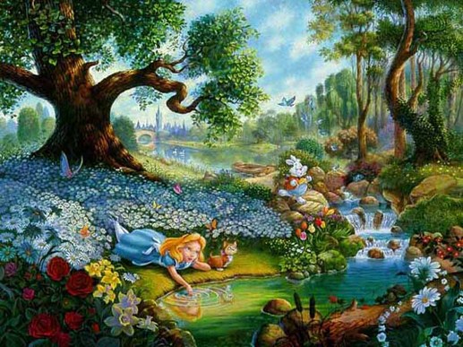 Image shows a flowery Neverland, with Alice playing with the water of the lake. her cat is staring and the White Rabbit is running late