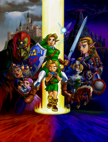 Dual image that shows. on the left with red background: Ganondorf, Impa and Young Zelda. On the right with blue background there is Zelda, Sheikah, young Link riding Epona, and three skull enemies. Right in the middle there´s a bright light with Link, Navi and Young Link playing the Ocarina